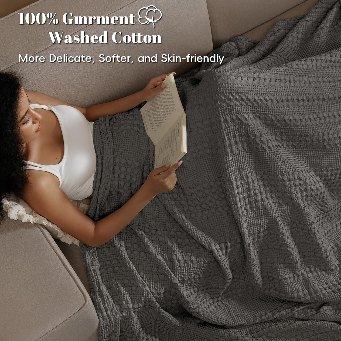 PHF 100% Cotton Waffle Weave Blanket Twin Size for Bed, Soft Lightweight & Breathable, All-Season Comfort, Luxury Aesthetic Woven Bedding for Home Decor, 66"x90", Charcoal Grey