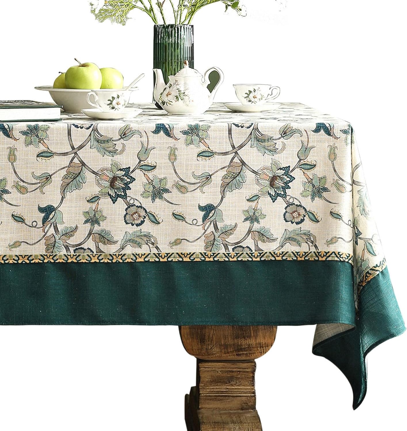 patdrea Designer Green Linen Long Rectangle Tablecloth,Vintage Floral Pattern Breathable Table Cloth,Home Table Cover Decor for Kitchen Dining,Christmas,Thanksgiving,Holiday,Party,63"x94"-Noah