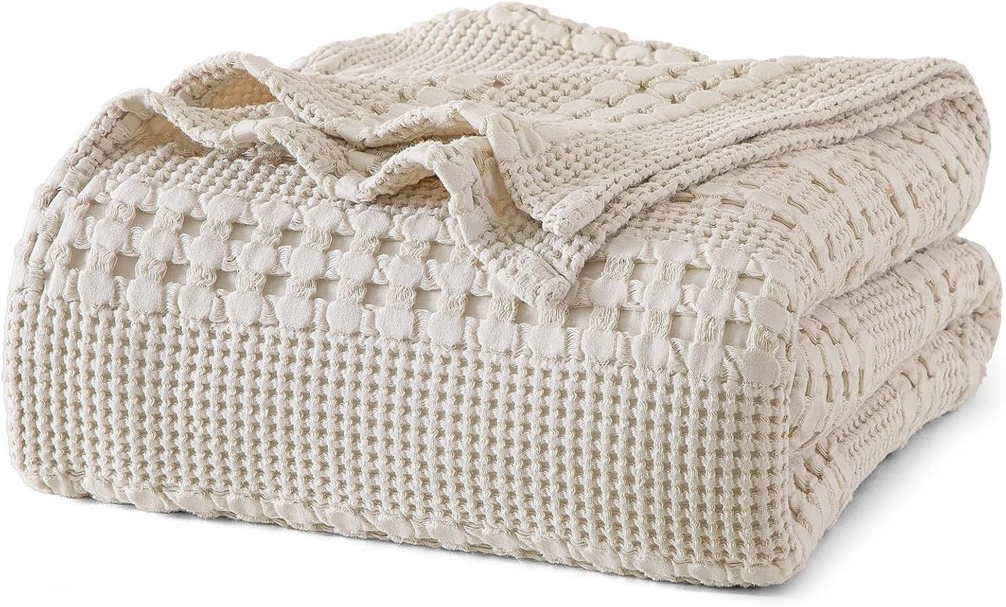 PHF 100% Cotton Waffle Weave Blanket Twin Size for Bed, Soft Lightweight & Breathable, All-Season Comfort, Luxury Aesthetic Woven Bedding for Home Decor, 66"x90", Oatmeal