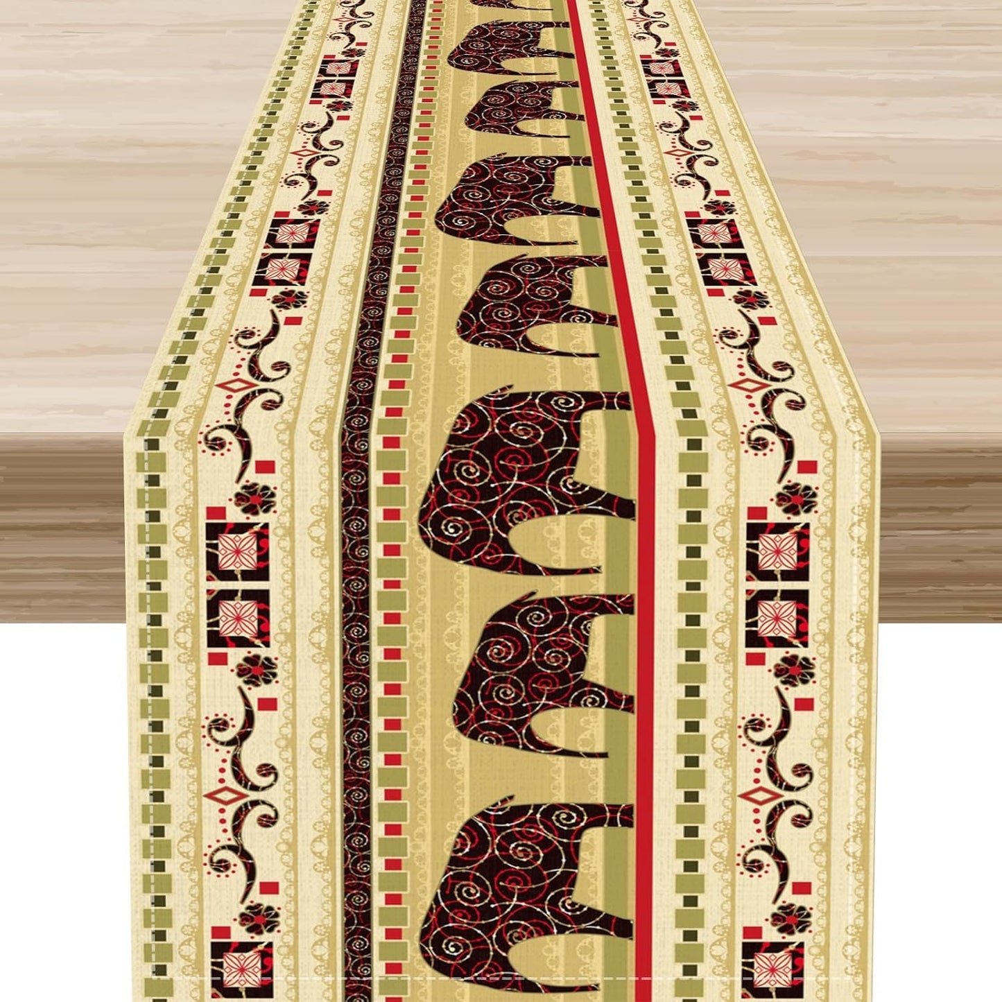 Boho Elephant Table Runner, Vintage Tribal Traditional Bohemian African Animals Ethnic Folk Table Center Decor for Home Kitchen Dining Patio Holiday Party Indoor Table Decorations, 13"x36" Inch