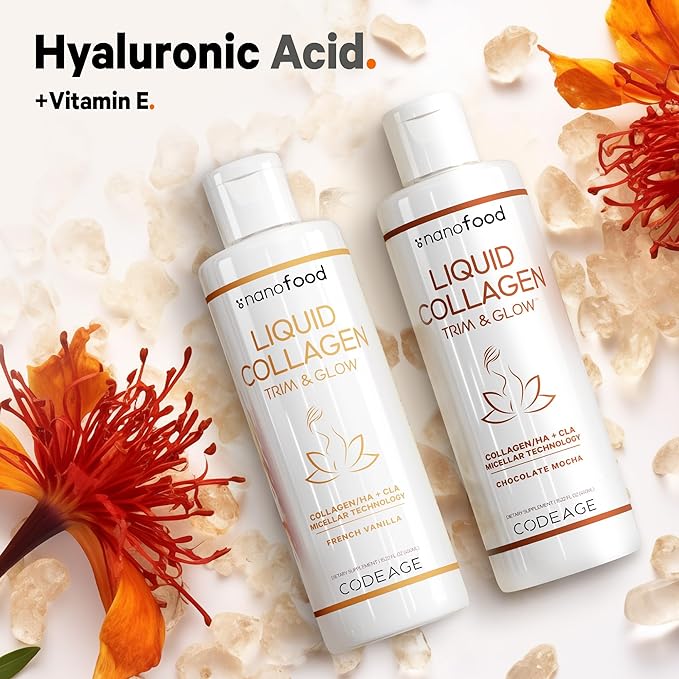Codeage Liquid Collagen Supplement Vanilla Flavor, Beauty Trim & Glow Liposomal Collagen Peptides, CLA Conjugated Linoleic Acid, Hyaluronic Acid, Vitamin E, Hydrolyzed, Non-GMO, 15.22 fl oz