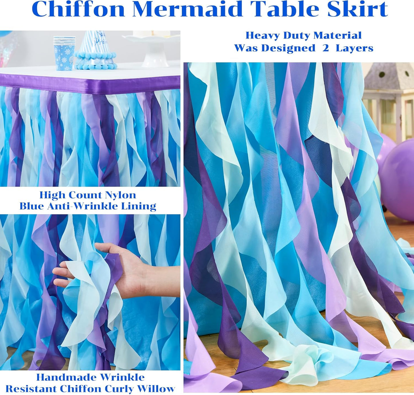 PARTISKY Mermaid Tulle Tutu Ruffle Curly Willow Table Skirt for Rectangle Table 6ft, Mermaid Themed Party Table Cloth for Girls Birthday Party or Baby Shower