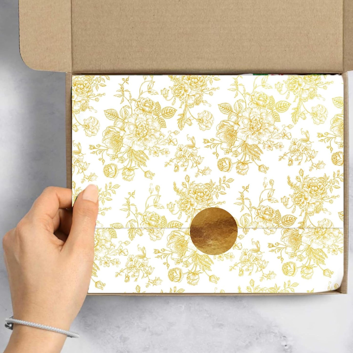 JarThenaAMCS 100 Sheets Floral Tissue Paper Gold Flower Gift Wrapping Paper Vintage Decorative Art Paper for Home Party DIY Crafts Supplies, 14 x 20 Inch