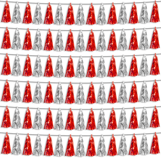 6P Red Silver Foil Fringe Metallic Tassel Streamers Banner Tassel Garland for Parade Floats, Bachelorette, Wedding, Birthday, Graduation, Christmas, Bridal/Baby Shower Party Decorations