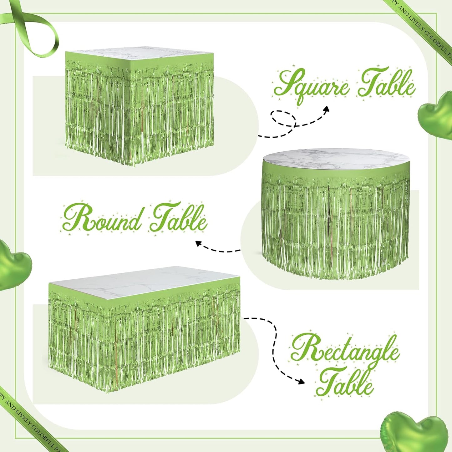 4 Pack Light Green Table Skirts, 29x108" Metallic Foil Tinsel Fringe Table Skirts for Rectangle Tables Streamer Curtains Backdrop, Party Decorations for Birthdays Weddings Holidays