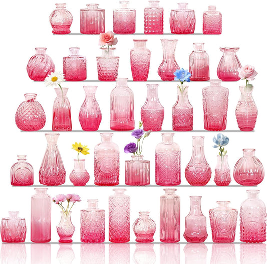 Set of 40 Glass Bud Vases, Small Pink Glass Vases in Bulk, Mini Vintage Embossed Flower Vase for Wedding, Centerpieces, Birthday Party, Baby Shower, Home Table Decorations (Pink)