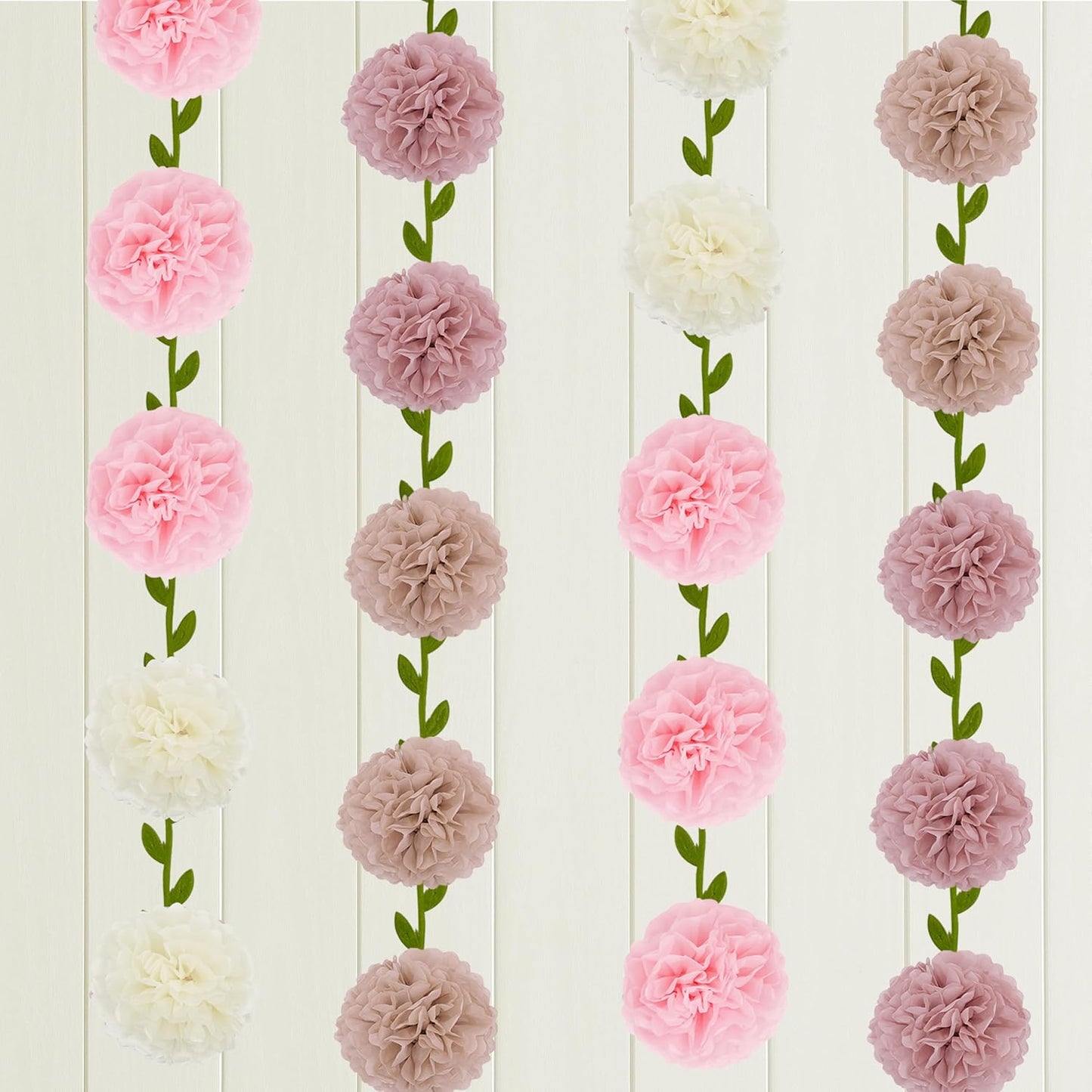 2 Pack Nude Pink Beige Tissue Paper Pom Pom Garlands Hanging with Cloth Vine for Nature Garden Fence Birthday Paty Decorations, 6.6Ft Length