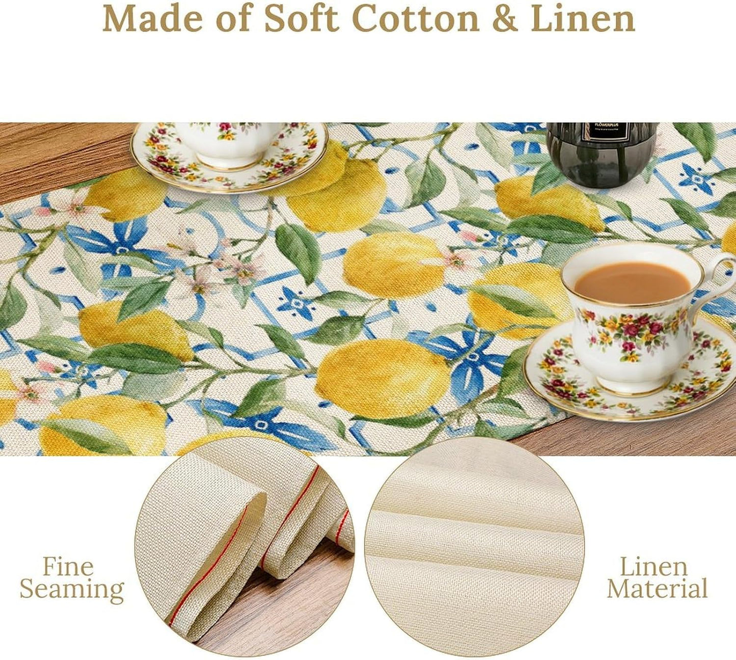Lemon Table Runner,Watercolor Fruit Green Leaves Spring Summer Table Cloth Kitchen Dining Table Home Party Decoration 13x36 Inch
