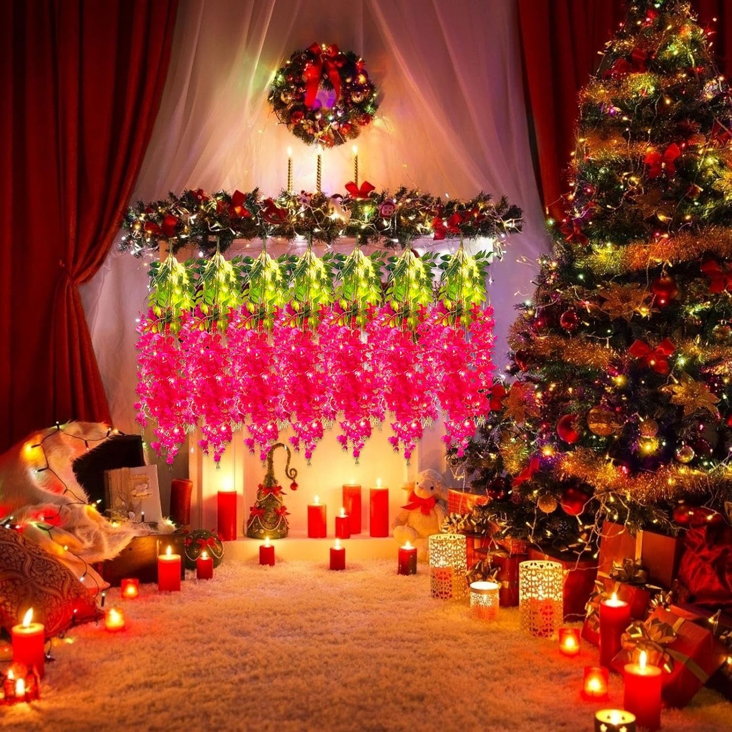 12 Pack Fuchsia Wisteria Hanging Flowers Garland with Lights, 3.44 Feet Artificial Flower Vines, Fake Wisteria, Artificial Vines Hanging Garland for Backdrop Outdoor Patio Garden Decor