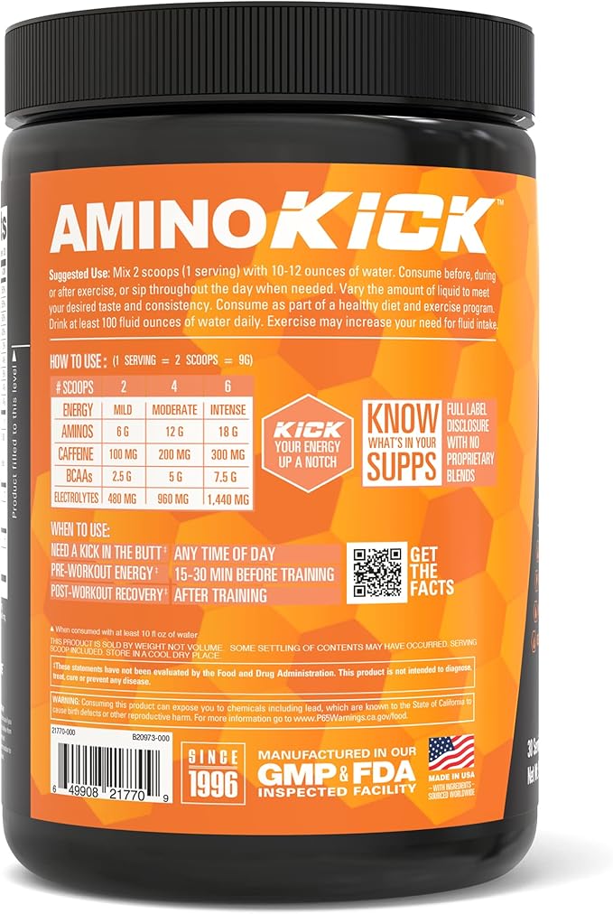 NutraBio Amino Kick – BCAA Powder with Natural Caffeine – Amino Acids Supplement for Energy, Hydration & Recovery – BCAAs, Electrolytes & Amino Acids – Orange Mango, 30 Servings