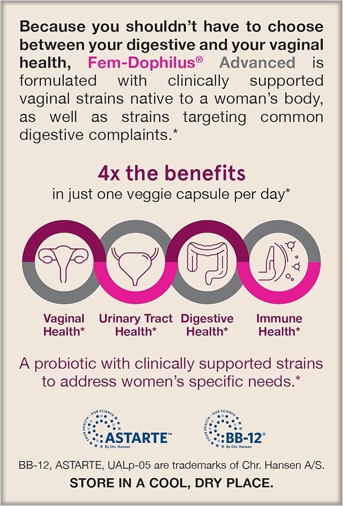 Jarrow Formulas Fem-Dophilus Advanced Vaginal & Digestive Probiotics 10 Billion CFU With 6 Clinically-Studied Strains, For Vaginal, Urinary Tract, Digestive & Immune Support, 30 Capsules, Shelf-Stable