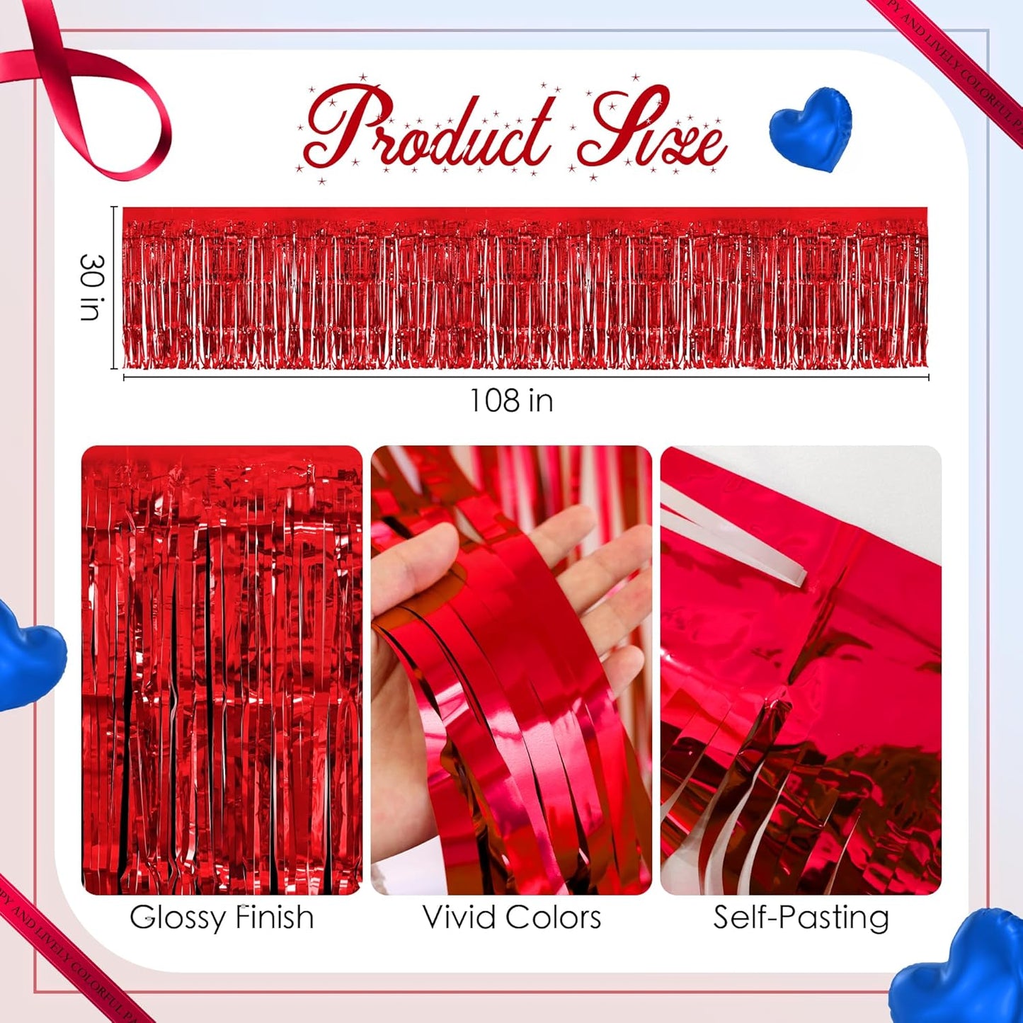 2 Pack Red Dark Blue Table Skirts, 29x108" Metallic Foil Tinsel Fringe Table Skirt for Rectangle Tables Streamer Curtains Backdrop, Party Decorations for Birthdays, Weddings, Holidays