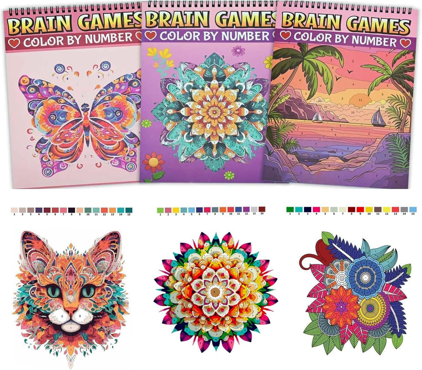 Bondream 3 Pack Color by Numbers Adult Coloring Books,Spiral Bound Coloring Books for Adult Women Relaxation,60 Unqiue Flowers Animals Nature Landscapes,Brain Game Color Book for Adults