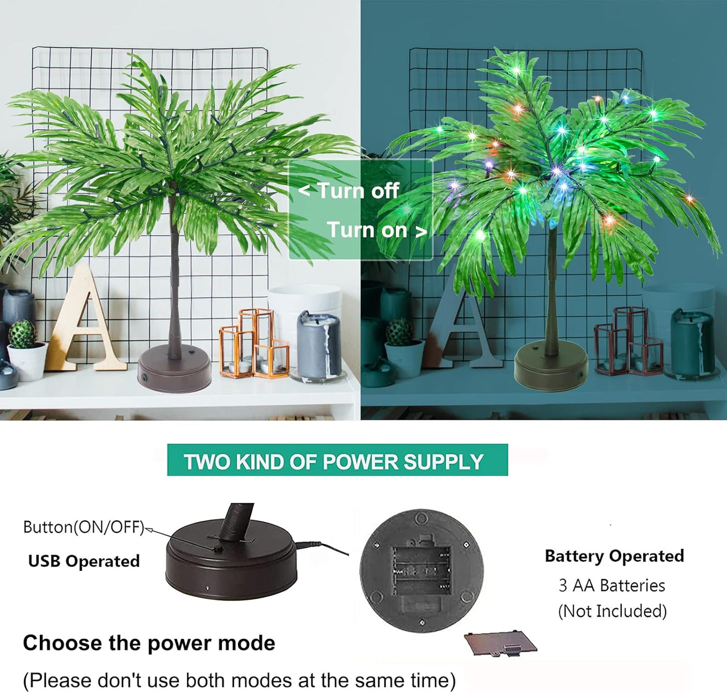 23In Color Changing Light Up Palm Tree - Battery/USB Powered Artificial LED Lights for Tropical Party Decorations, Luau Summer Hawaiian Home Table Top Decor