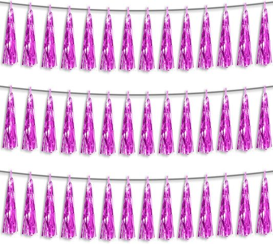 3P Fuchsia Foil Fringe Metallic Tassel Streamers Banner Tassel Garland for Parade Floats, Bachelorette, Wedding, Birthday, Halloween, Christmas, Bridal/Baby Shower Party Decorations