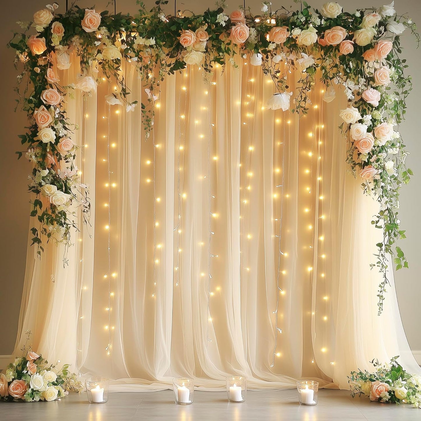 Tulle Backdrop Curtains with Lights String 10FT X 8FT Champagne Sheer Curtain with Lights Tulle Curtains Backdrop for Wedding Birthday Party Photo Shoot (2 Panels 5x8FT)