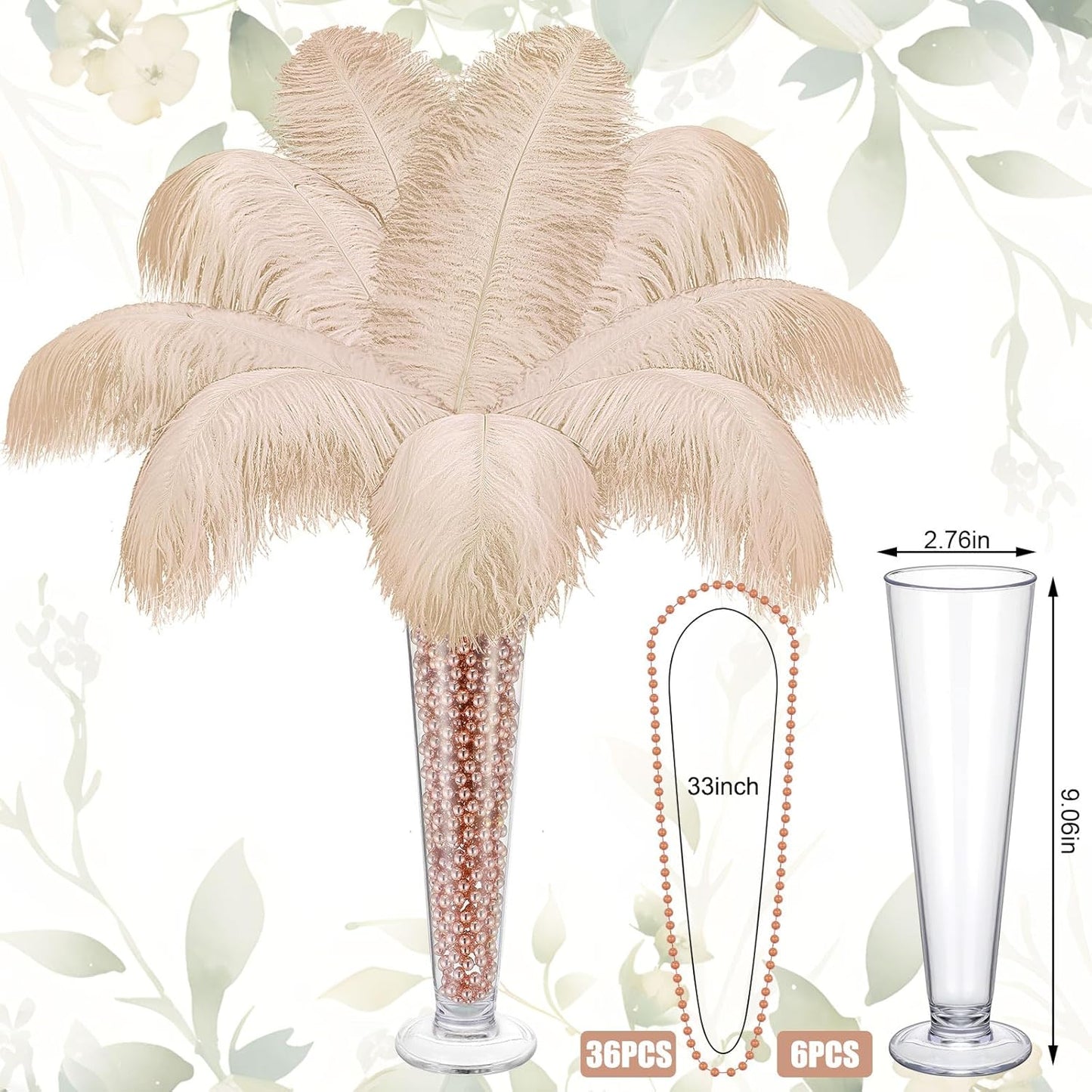 Yuxung 6 Sets Wedding Table Centerpiece Accessories Including 159 Pieces Natural Ostrich Feather Bulk Plastic Vases and Beads Necklaces for Wedding Home Party Centerpiece Supplies(Champagne)