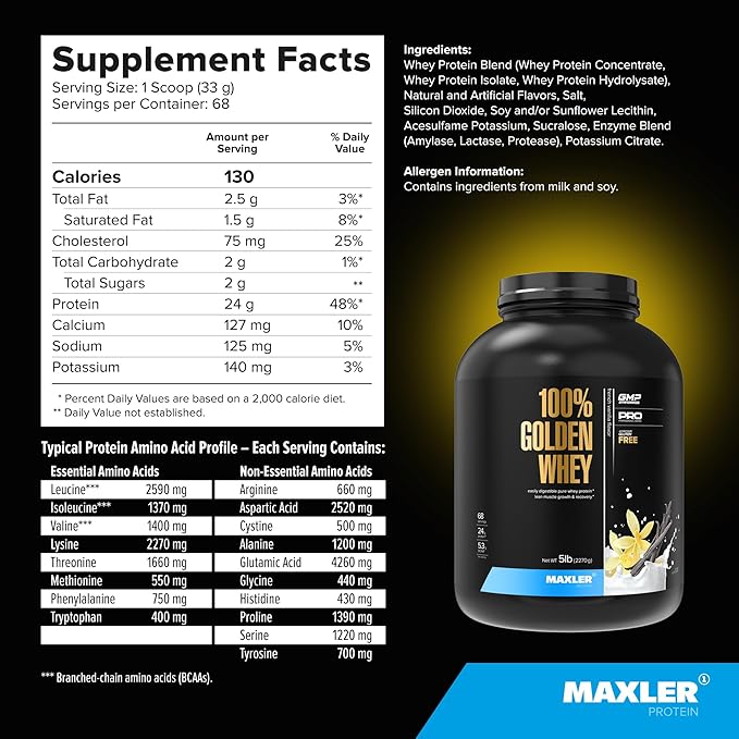 Maxler 100% Golden Whey Protein - 24g of Protein per Serving - Premium Whey Protein Powder for Pre Post Workout - Fast-Absorbing Whey Concentrate Isolate Hydrolysate Blend - French Vanilla Protein 5lb