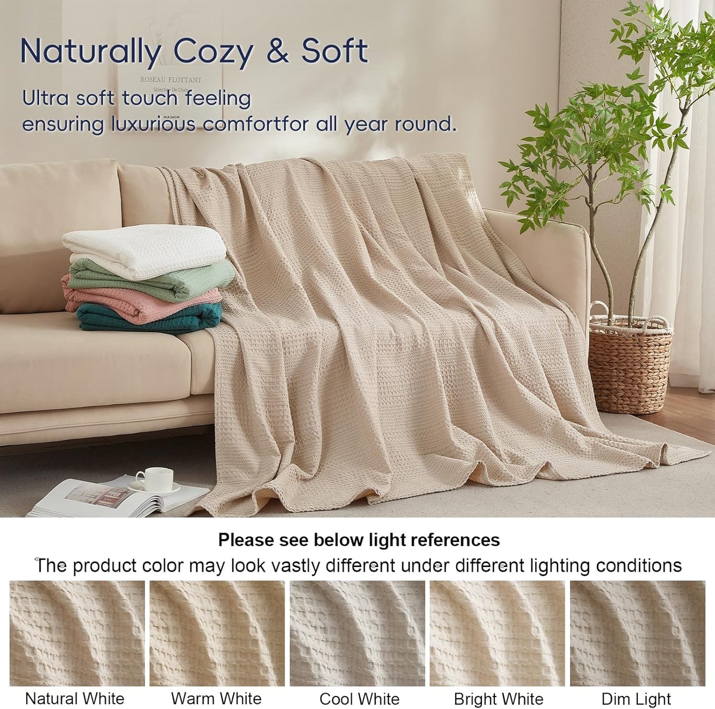 PHF Lightweight Waffle Weave Blanket King Size, Breathable & Ultra Soft, 104"x 90" Soft & Cozy Thin Blanket for All Season & Hot Sleepers, Bed, Home Decor - Light Tan