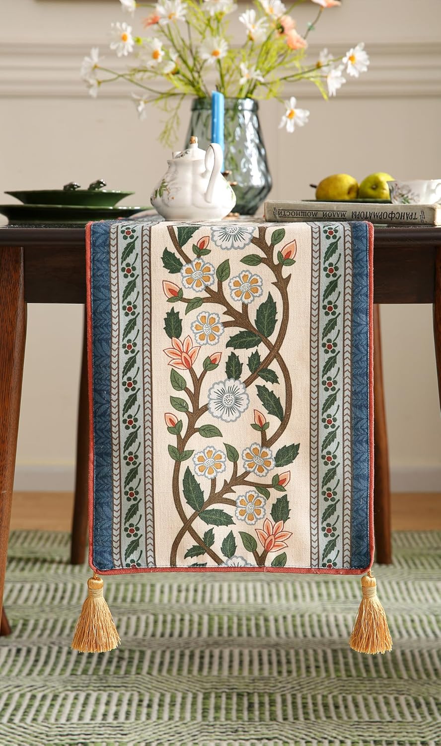 ISAENNE Designer Vintage Elegant Linen Table Runner 87 Inches Long,Colorful Flower Pattern Soft Table Runners for Dining Tables,Thanksgiving,Kitchen Tables,Christmas,12"*87"-Naples C