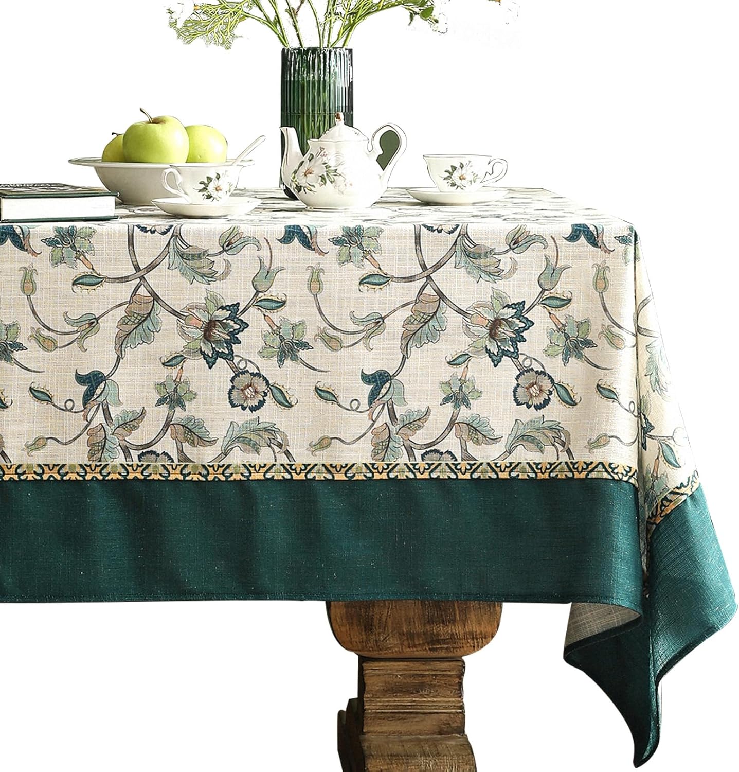 patdrea Designer Green Small Linen Table Cloth for Rectangle Table,Vintage Floral Pattern Durable Tablecloth,French Cover Decor for Kitchen Dining,Christmas,Thanksgiving,Tea Party,55"x71"-Noah