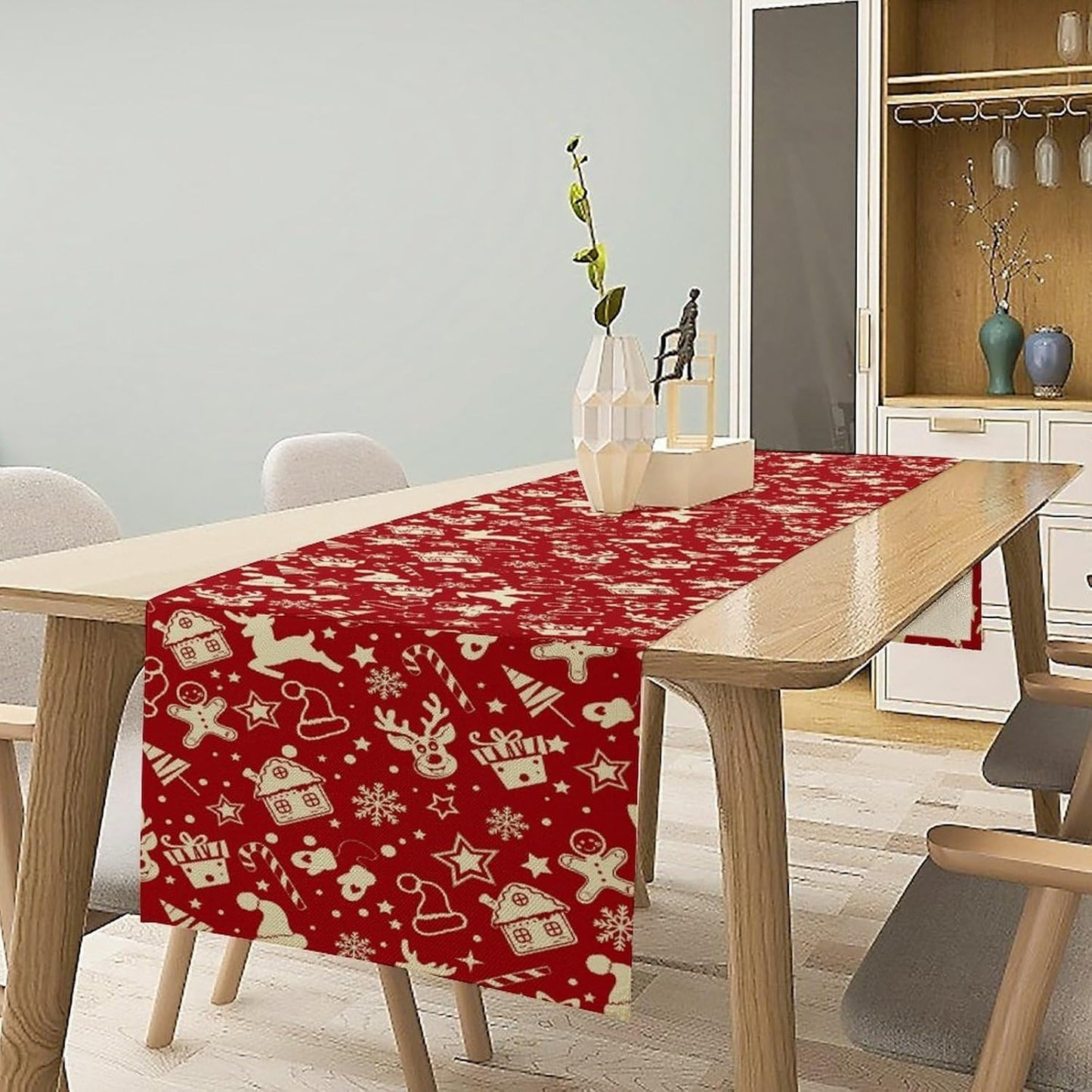 Christmas Table Runner,Seasonal Winter Deer Table Decoration Snowflake Table Cloth Kitchen Dining Table Decoration for Home Party Decor 13x36 Inch