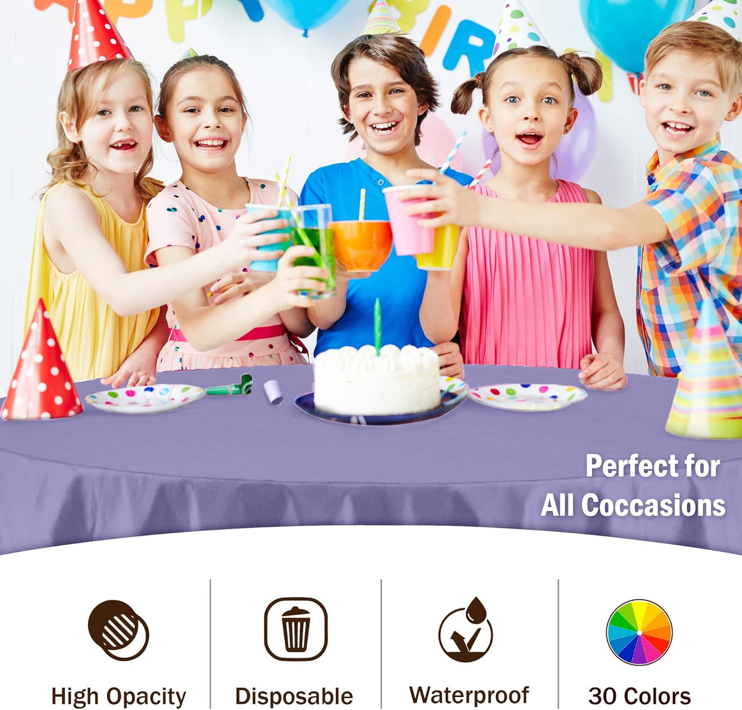 Party Solids 12-Pack Premium Plastic Tablecloth 84in. Round Table Cover - Lavender