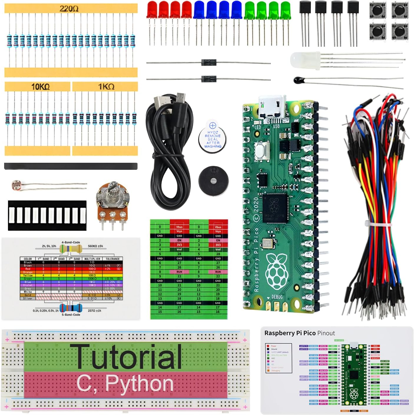 Freenove Basic Starter Kit for Raspberry Pi Pico (Included), Dual-core Arm Cortex-M0+ Microcontroller, 386-Page Detailed Tutorial, 142 Items, 55 Projects, Python C Code