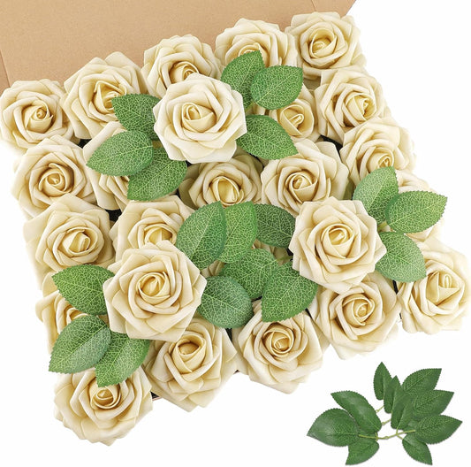 AmyHomie 25pcs Real Looking Artificial Beige Roses w/Stem for DIY Wedding Bouquets Centerpieces Arrangements Party Baby Shower Home Decorations
