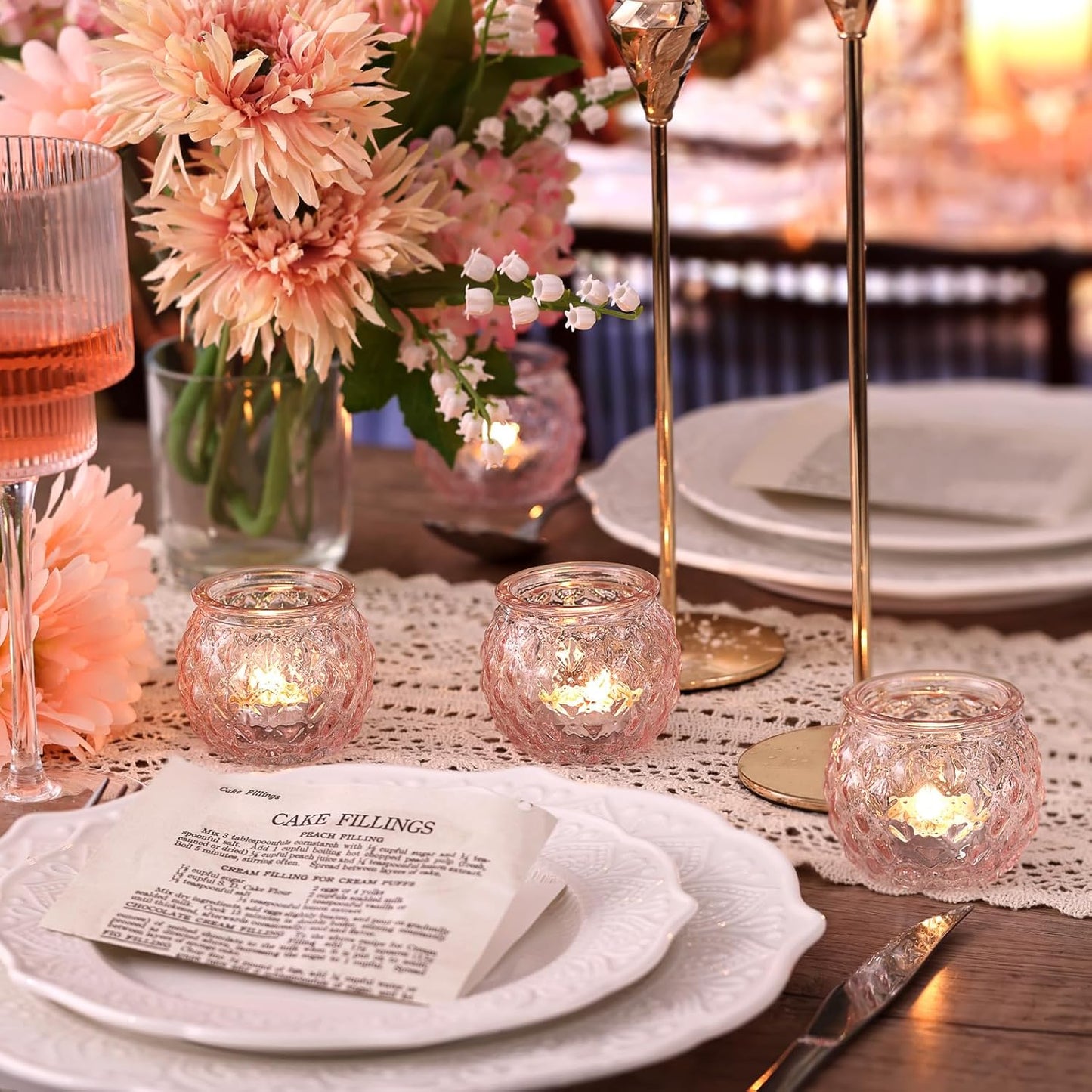 DARJEN 48Pcs Pink Votive Candle Holders- Round Candle Holders Bulk for Flameless LED Tea Waxes, Romantic Candle Holder for Wedding & Home Table Decor, Various Parties