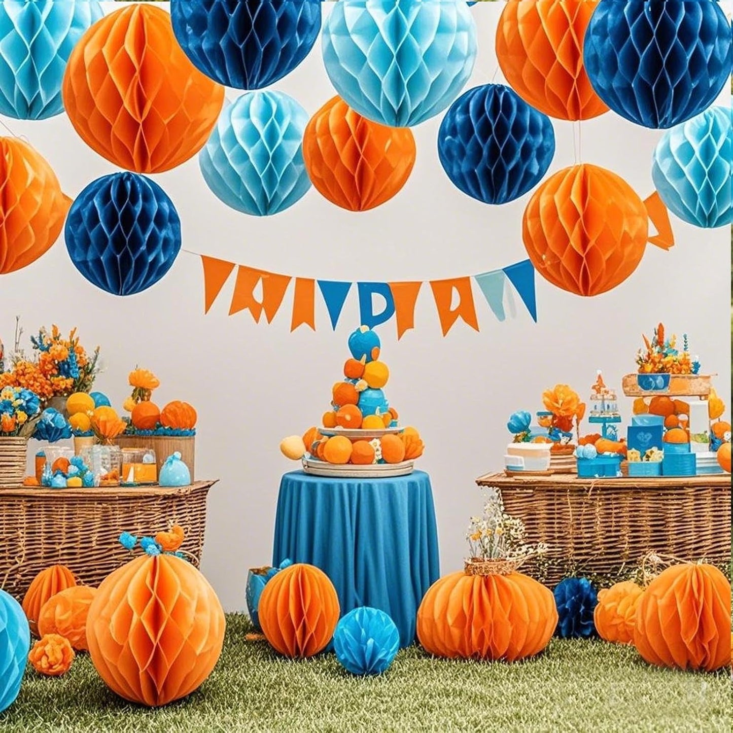 Orange Blue Paper Honeycomb Balls,12 Pack Hanging Tissue Pom Poms for Birthdays,Weddings,Home Party Decoration