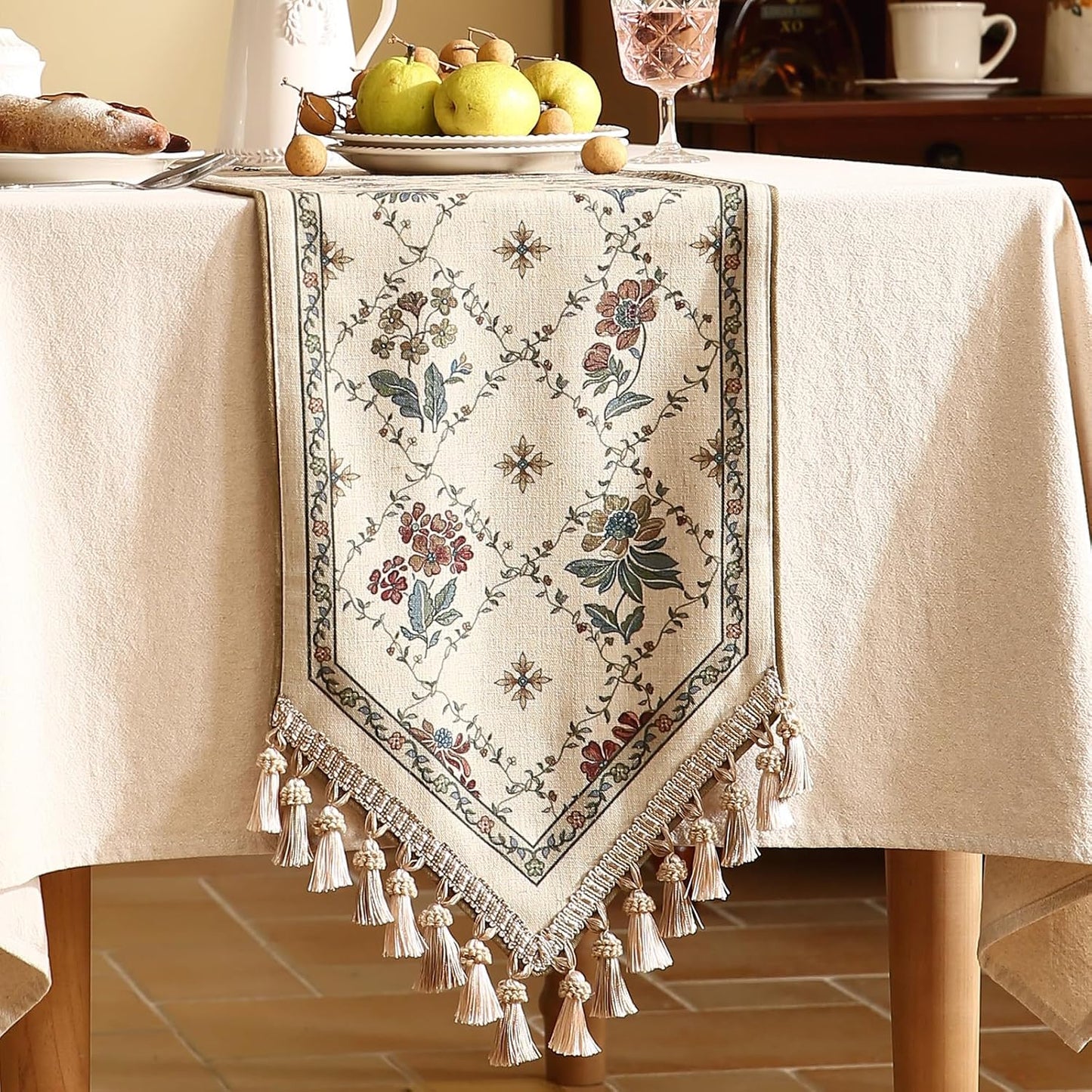 patdrea Designer Vintage Floral Linen Extra Long Table Runner 118 Inch Long,Beige Cottage Rustic Bouquets Pattern Table Mat,Decor for Kitchen Dining Coffee Table Cabinet Thanksgiving,12"*118"