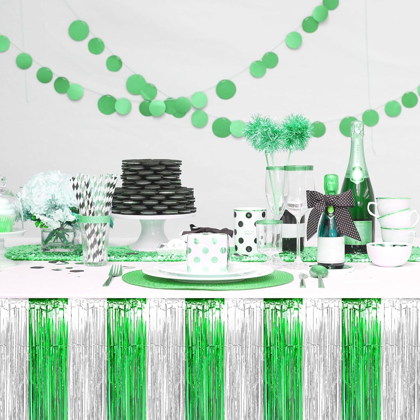 3 Pack 29x108 Inch Silver Green Foil Fringe Table Skirts Metallic Banner for Tinsel Streamer Garland Backdrop for Parade Floats Wedding Thanksgiving Birthday Christmas Halloween Party Decoration
