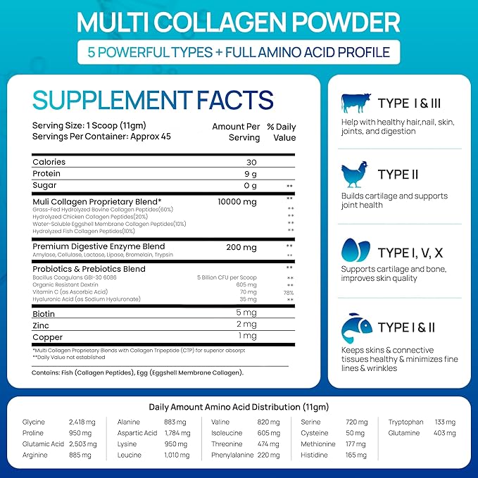 Multi-Collagen Peptides Powder | Hydrolyzed Types I, II, III, V & X | With Biotin, Hyaluronic Acid, Vitamin C | Supports Skin, Hair, Nails, Joints & Digestion | Unflavored, Sugar-Free | 1.1LB (500g)