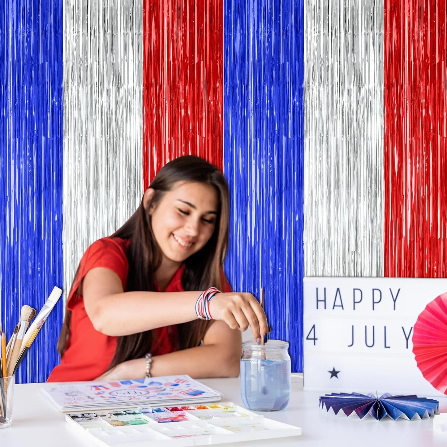 2 Pack 4th of July Party Supplies, 3.28 FT x 7.05 FT 4th of July Tinsel Backdrop, Blue Silver Red Color Fringe Curtains Streamer Backdrop, 4th of July Photo Backdrop Party Decorations