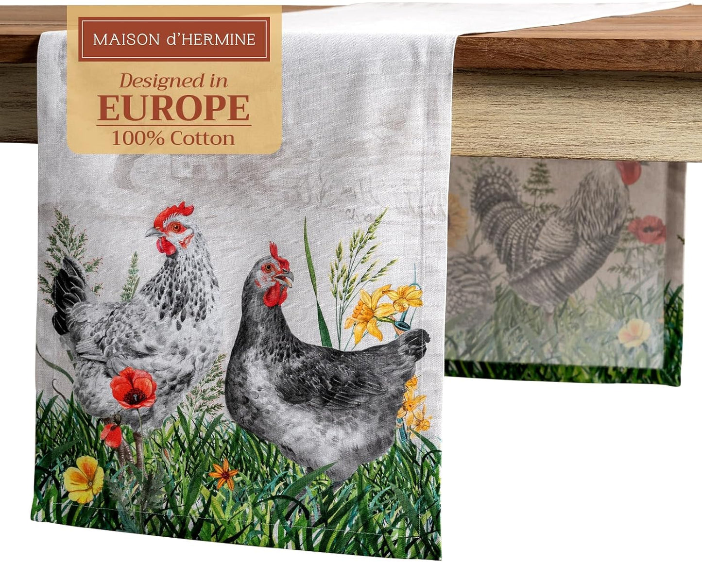 Maison d' Hermine Table Runner 100% Cotton Single Layer Table Runners 108 inches Long Decorative for Home Kitchen Dining Party Wedding Bridal Shower Spring Summer (Basse Cour, 14.50" x 108")