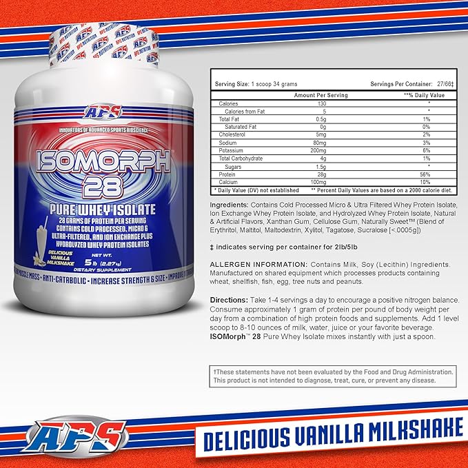 APS Nutrition Isomorph 28 Protein Powder | Pure Whey Isolate | Cold Pressed, Ultra- Filtered, & Ion Exchange Isolates | 28g Protein | 5 Pound (Vanilla Milkshake)