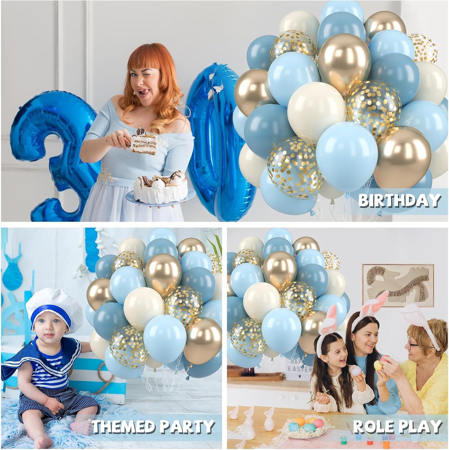 Paready Dusty Blue Balloons, 50 Pcs Gold White Balloons, 12 Inch Sand White Retro Ice Mist Macaron Metallic Champagne Gold Balloons for Bridal Shower Baby Party Decorations