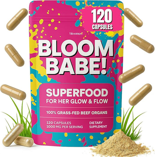 Beef Organ Supplement for Women | 100% Grass Fed Beef Liver Capsules with Heart, Kidney & Reproductive Organs | Primal Hormone Balance & Ancestral Energy | Bloom Babe - Queen of Superfoods, 120ct