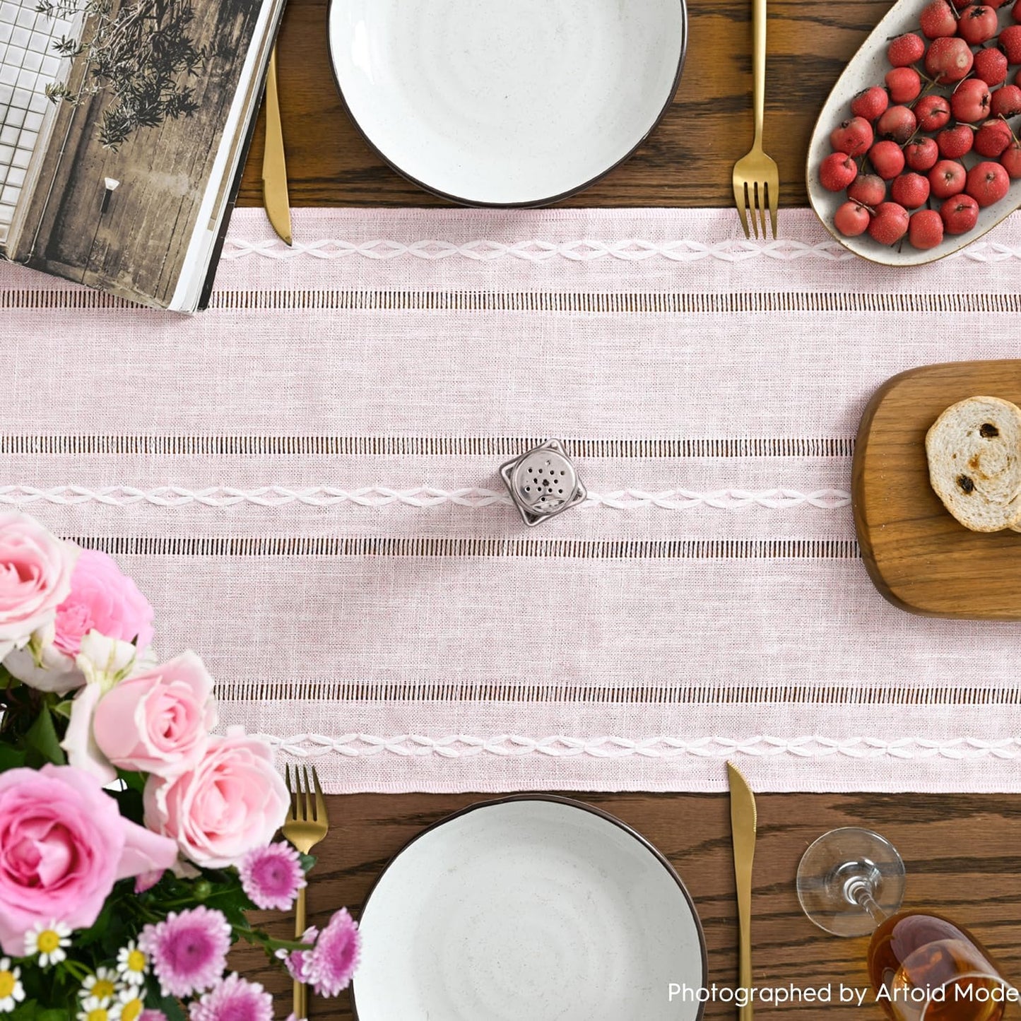Artoid Mode Pink Rustic Cotton Linen Table Runner, Seasonal Embroidered Hollow Kitchen Dining Table Decoration for Home Party Decor 13x36 Inch