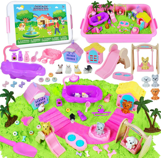 Pet Sensory Bin, Cat and Dog Sensory Bin for Toddlers Kids, Sensory Play Sand Art Kit Set with Sandbox & Tools & Pet Care Set, Indoor Outdoor Pretend Play Beach Toy Gift for Girls Boys 3 4 5 6 7 8