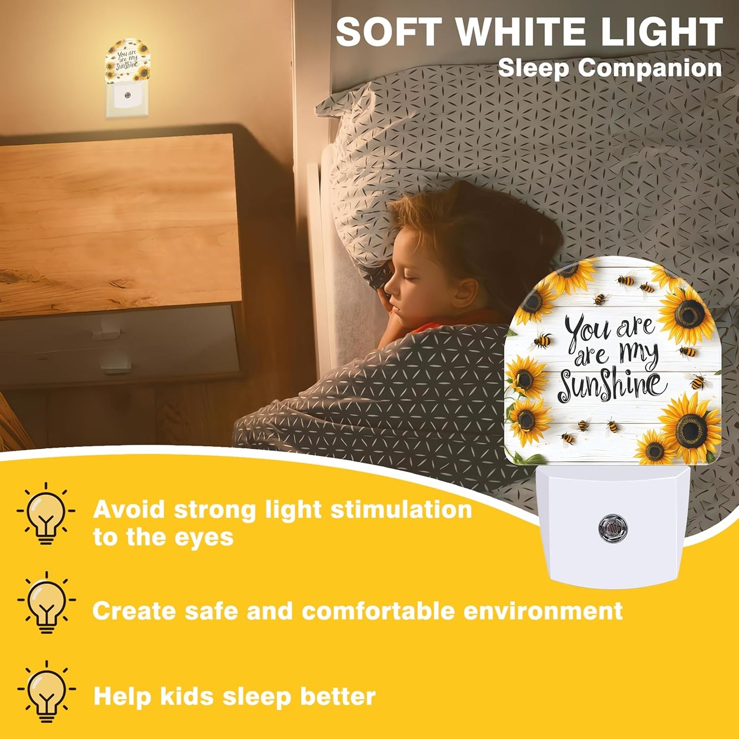 Night Lights Plug into Wall Bees and Sunflowers Night Light Dusk to Dawn Smart Sensor Decorative Round Led Lamp for Bedroom Kitchen Hallway Nightlight for Women Men