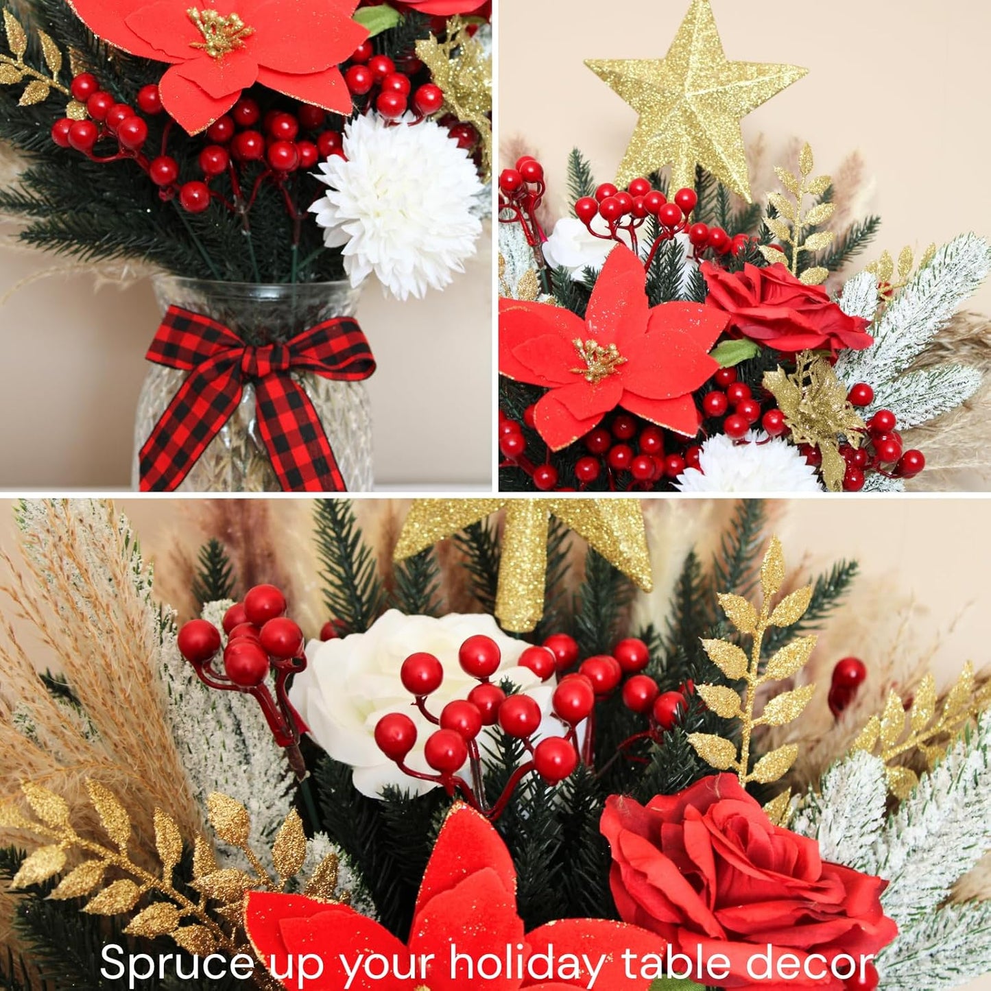 Christmas Centerpieces for Tables, Holiday Table Decor, 100pcs Christmas Floral Arrangements in Vase, Xmas Decorations for Coffee Kitchen Dining Table, Artificial Poinsettia Red Berry Pine Branches