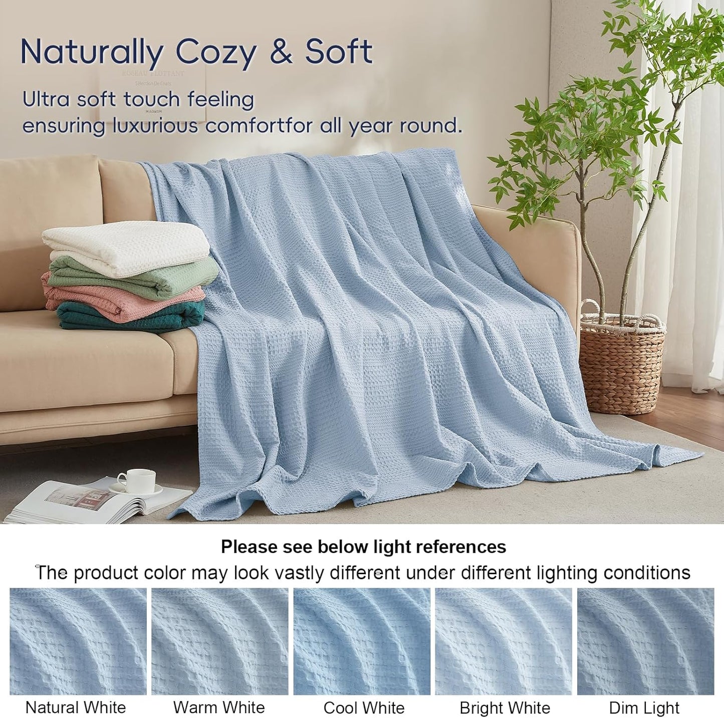 PHF Lightweight Waffle Weave Blanket Queen Size, Breathable & Ultra Soft, 90"x 90" Soft & Cozy Thin Blanket for All Season & Hot Sleepers, Bed, Home Decor - Sky Blue