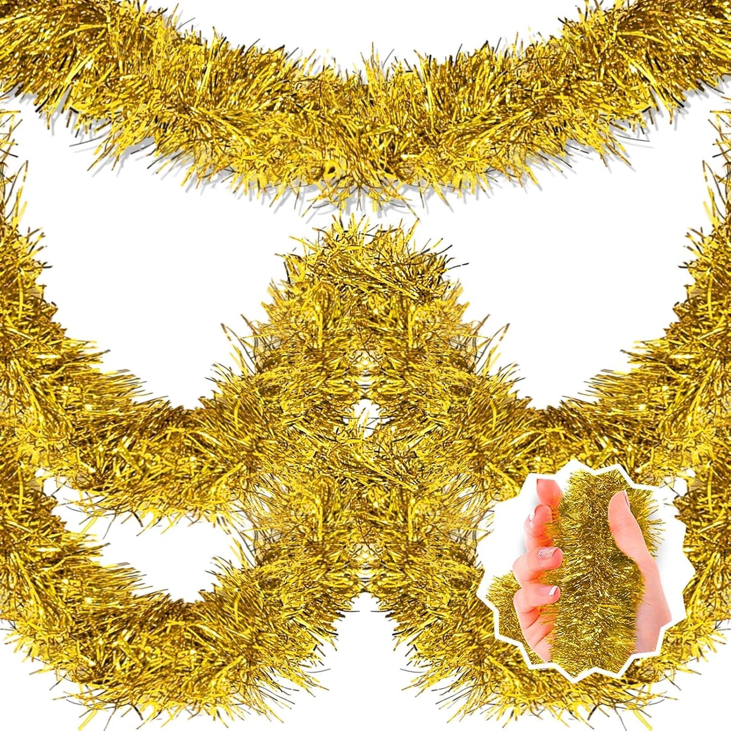 25 Feet Gold Christmas Tinsel Garland, Metallic Foil Twist Banner Wall Hanging Tinsel Streamers Backdrop for Parade Floats, Christmas, Mother's Day, Birthday Party Decorations(4in x 25ft)