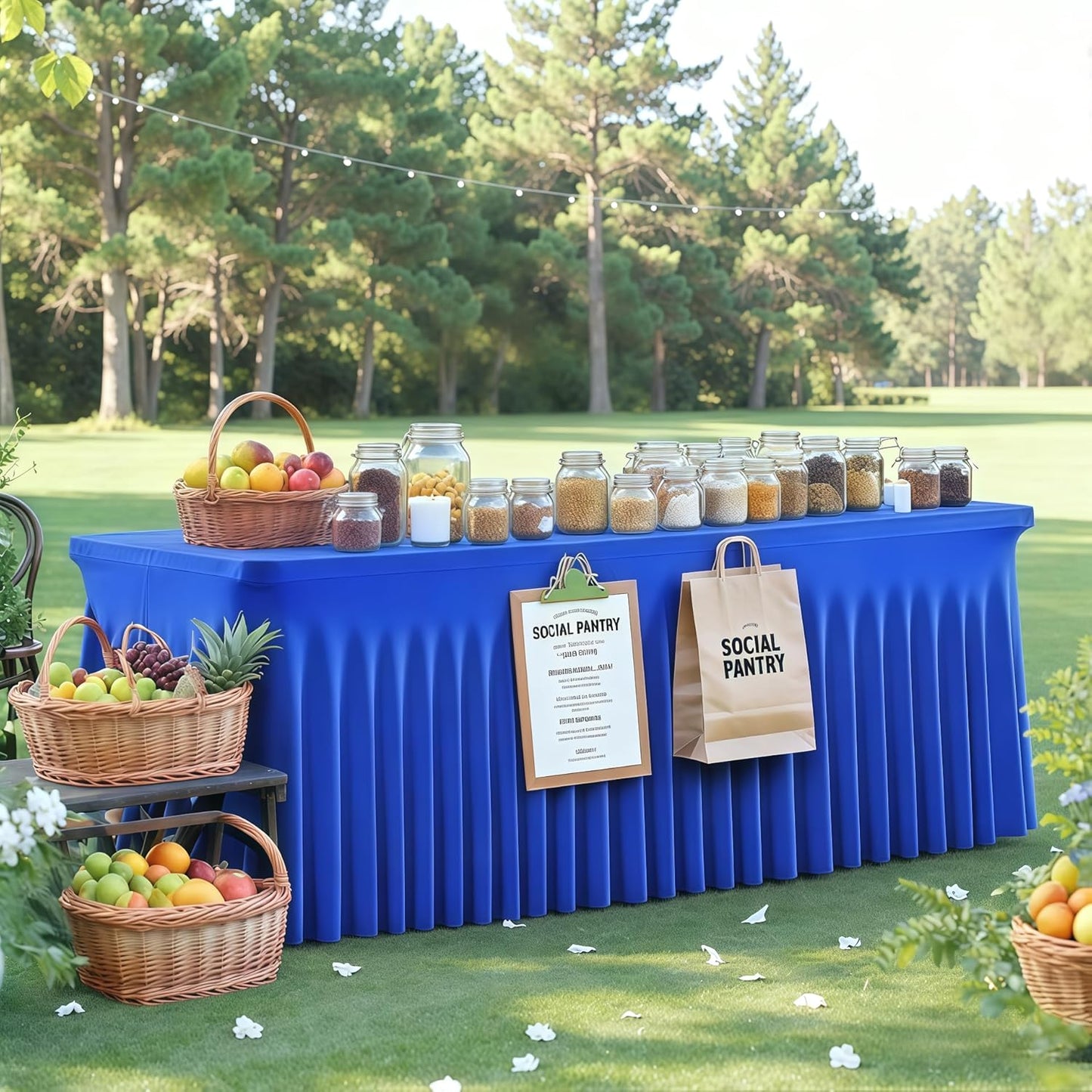 Wish Care 2 Pack Royal Blue Spandex Table Clothes for 6 Foot Rectangle Tables, 6FT Wrinkle Free Fitted Tablecloths Ruffles Design Table Cloth for Party, Banquet, Wedding and Events