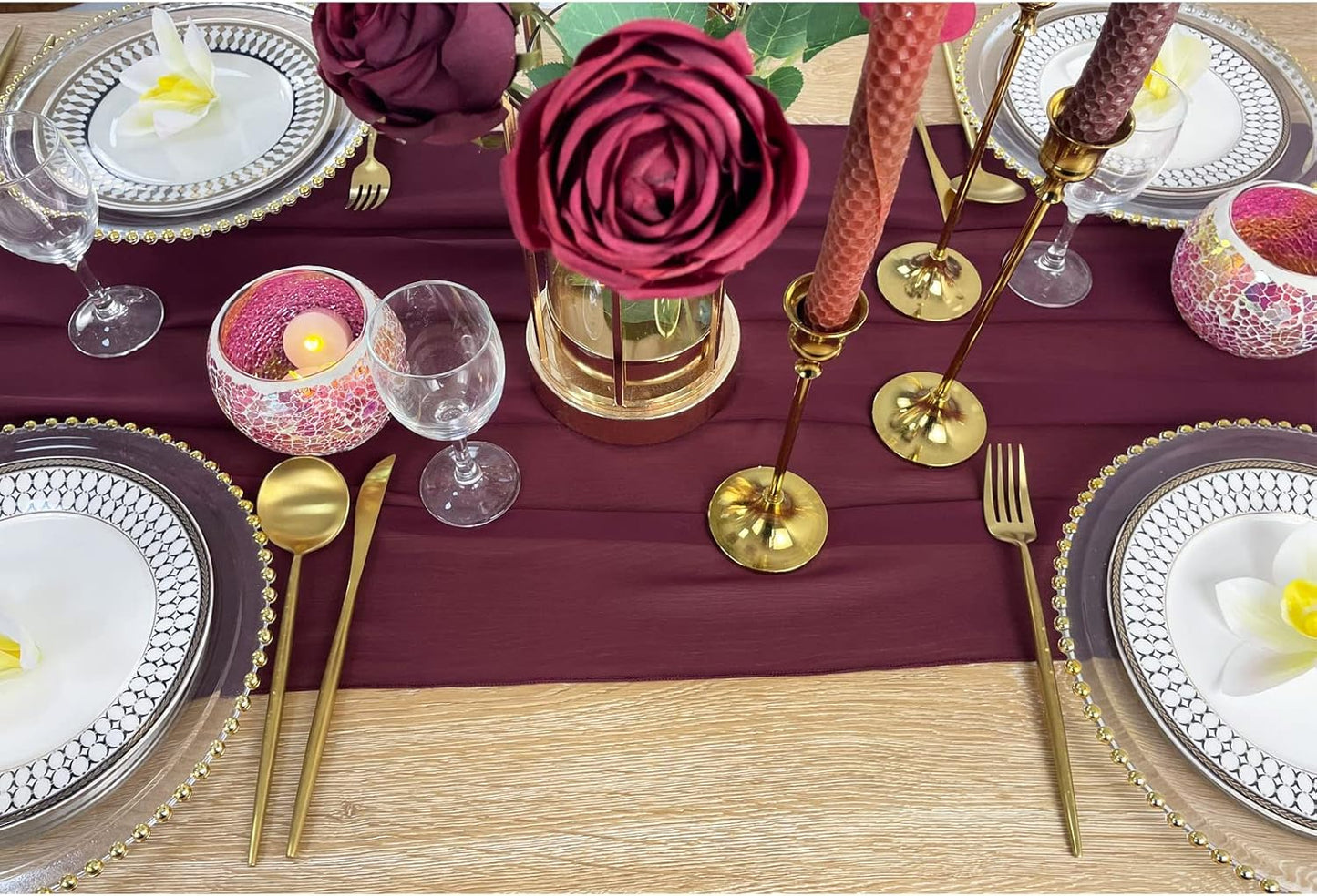 EHLDekol 10ft Chiffon Table Runners 29x120 inches Romantic Sheer Wedding Table Runner Top Table Bridal Party Decoration (Burgundy, 10ft)