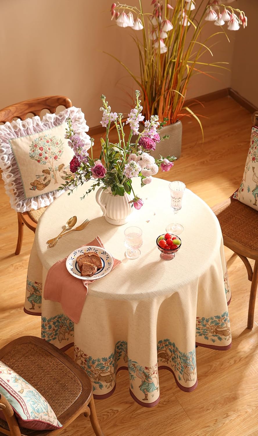 patdrea Designer Small Beige Tablecloth for Round Table,Vintage Anti-Wrinkle French Linen Tree Pattern Table Cloth,Decor Cover for Kitchen Dining Christmas,Thanksgiving,Diameter 55"-Tatiana D