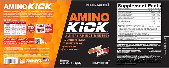 NutraBio Amino Kick – BCAA Powder with Natural Caffeine – Amino Acids Supplement for Energy, Hydration & Recovery – BCAAs, Electrolytes & Amino Acids – Orange Mango, 30 Servings