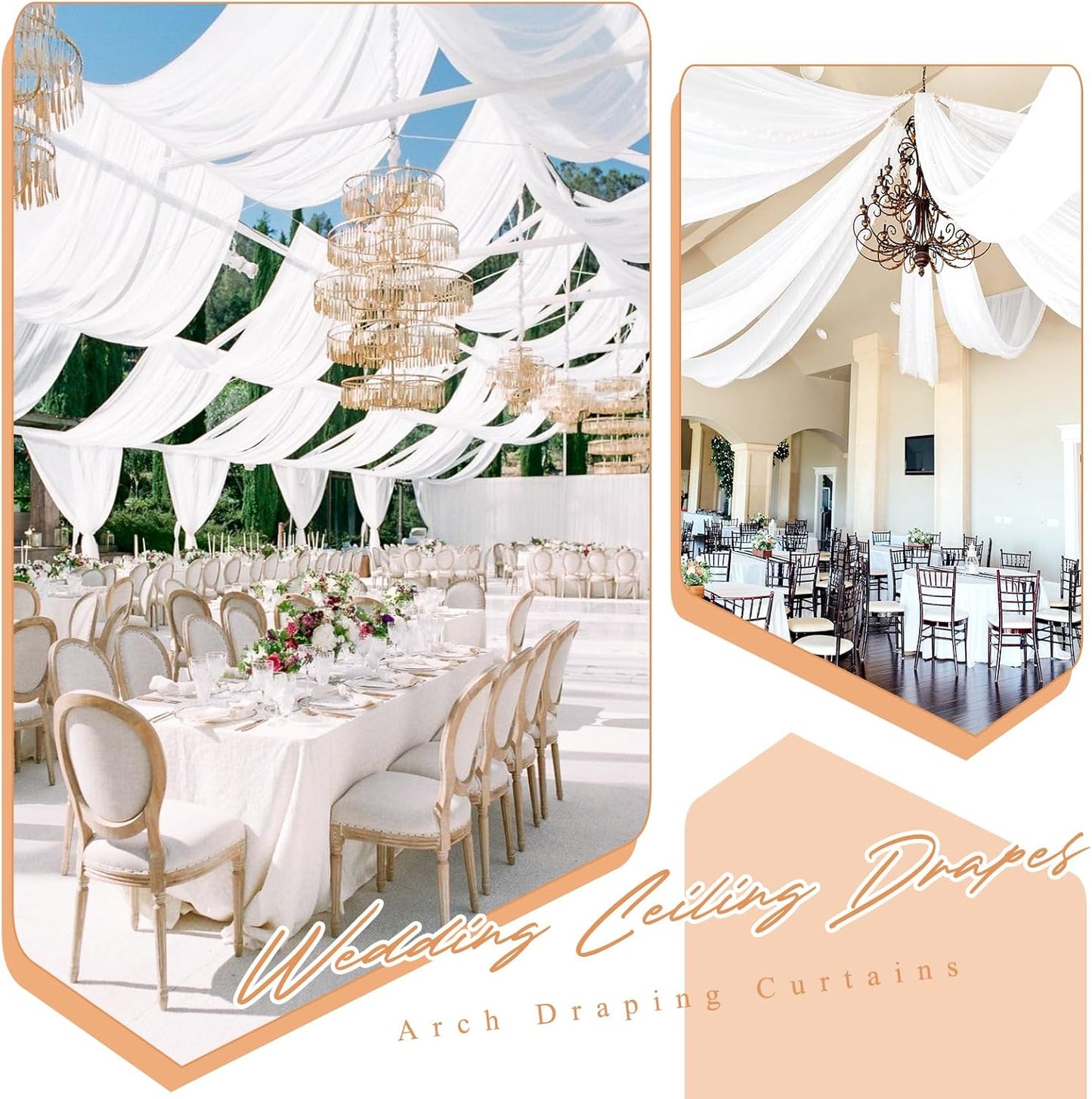 6 Panels White Ceiling Drapes for Wedding 5ftx10ft Sheer Drapery Chiffon Fabric Arch Draping Curtains for Party Ceremony Birthday Baby Shower Reception Stage Ceiling Decorations
